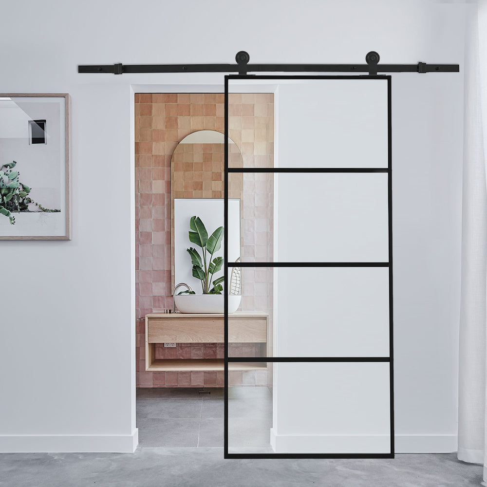 Clear and Smooth Glass Black Barn Door with Sliding Hardware Kit