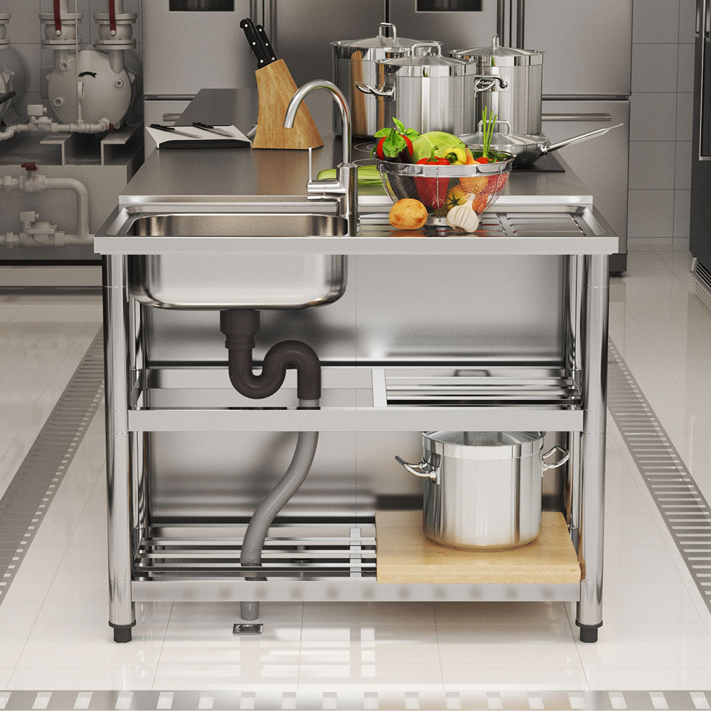 Stainless Steel One Compartment Sink with Drainboard and Shelf