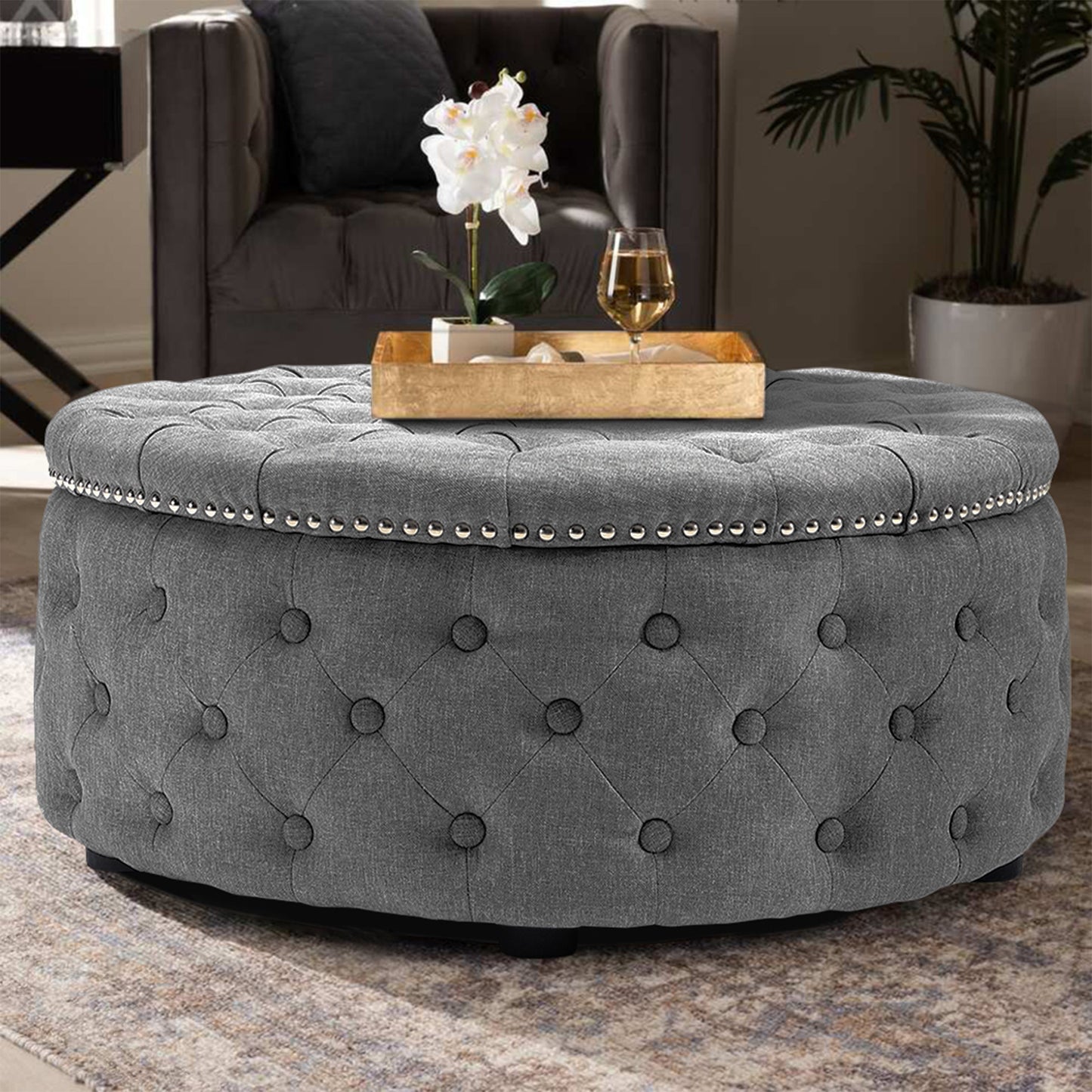 Round Linen Deep Buttoned Ottoman with Studded Edge Footstool