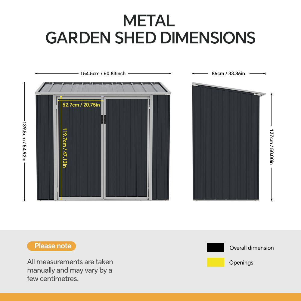 5x3ft Grey Metal Bin Storage Shed Pent Roof Lockable