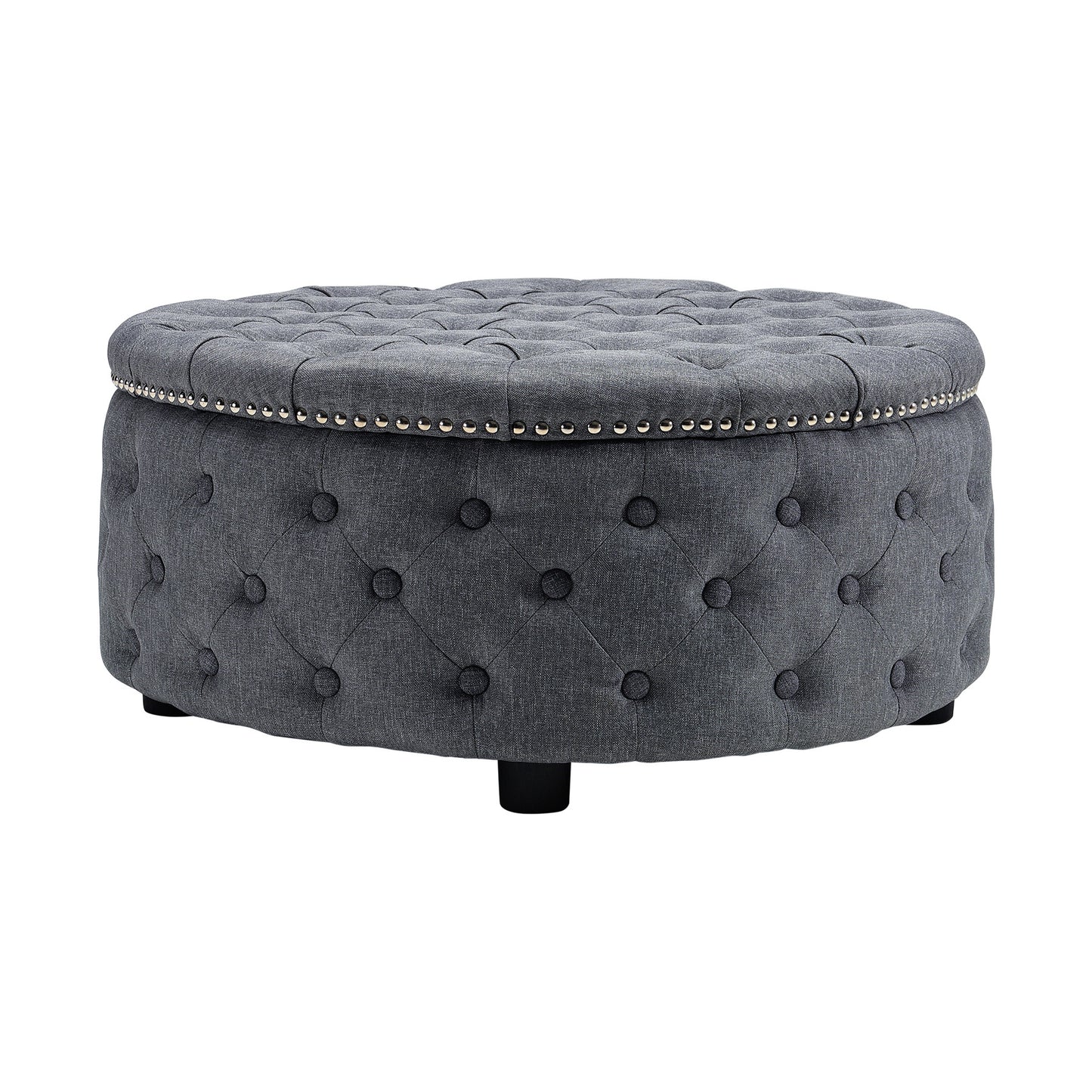 Round Linen Deep Buttoned Ottoman with Studded Edge Footstool