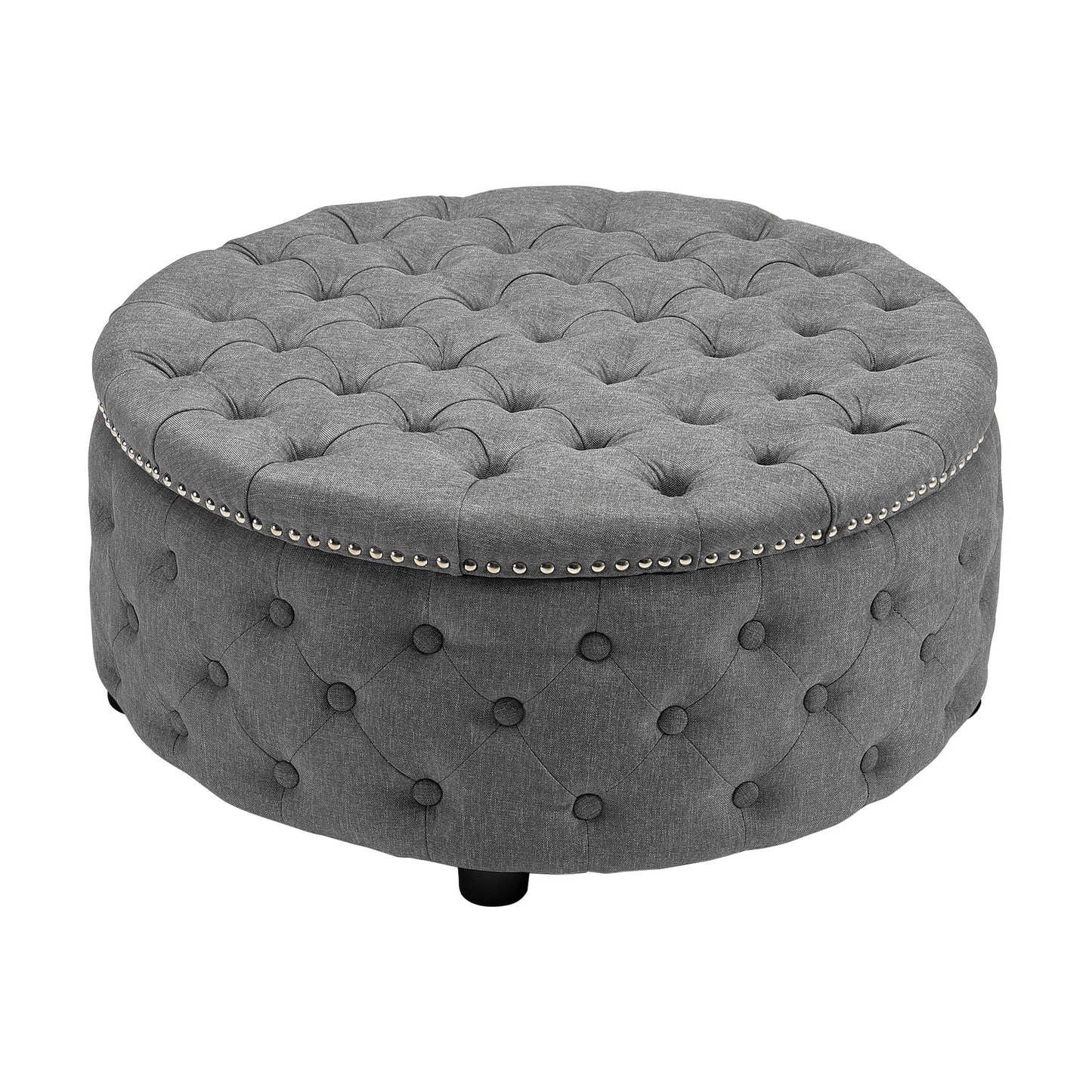 Round Linen Deep Buttoned Ottoman with Studded Edge Footstool