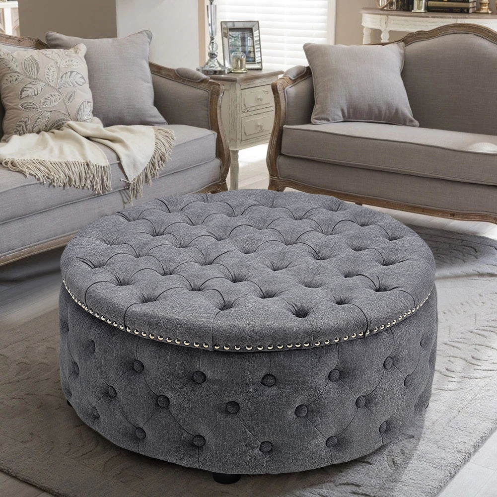Round Linen Deep Buttoned Ottoman with Studded Edge Footstool