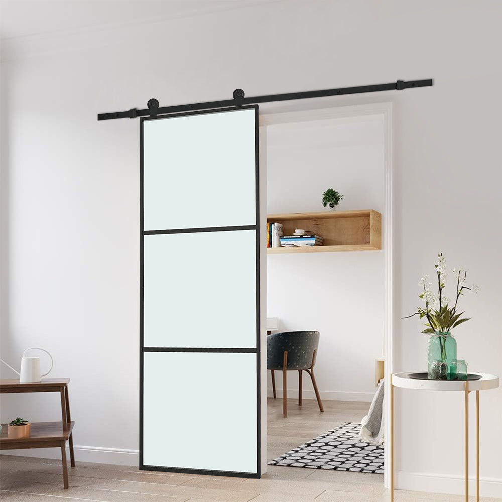 Clear and Smooth Glass Black Barn Door with Sliding Hardware Kit