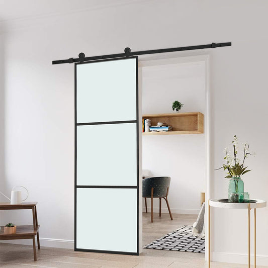 Frosted Glass Black Barn Door with Sliding Hardware Kit