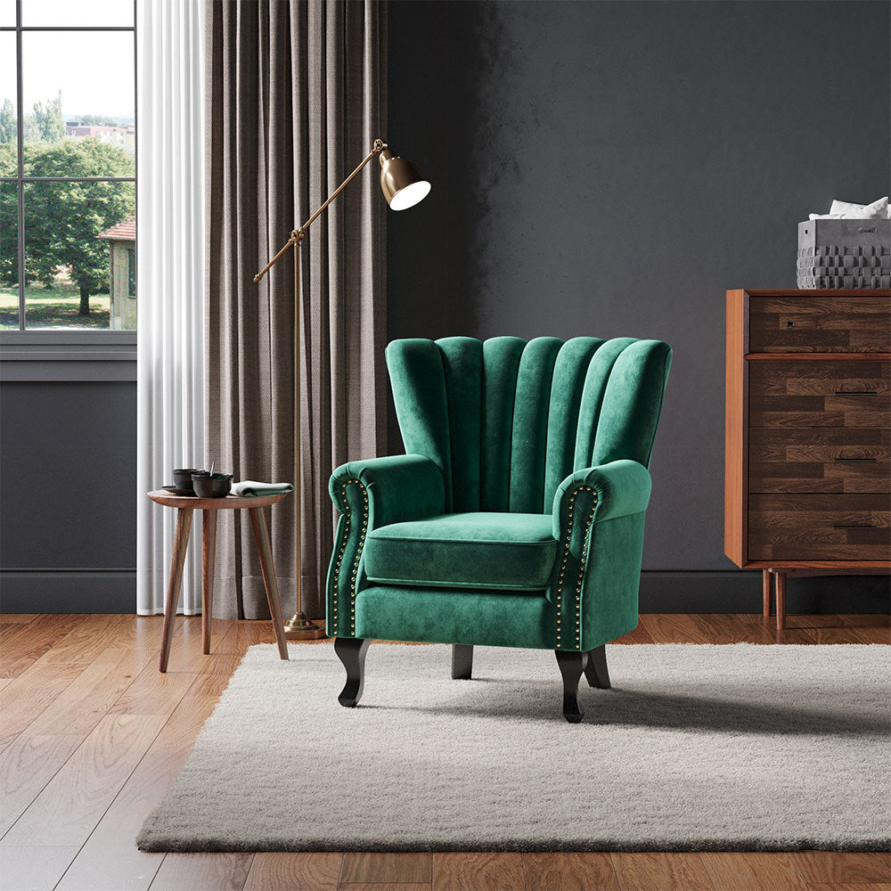 Green/Grey Velvet Channel Occasional Armchair Sofa Chair