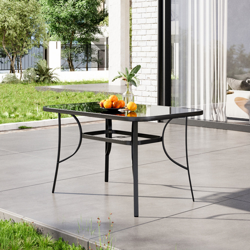 Rectangular Outdoor Dining Table with Tempered Glass Top and Parasol Hole