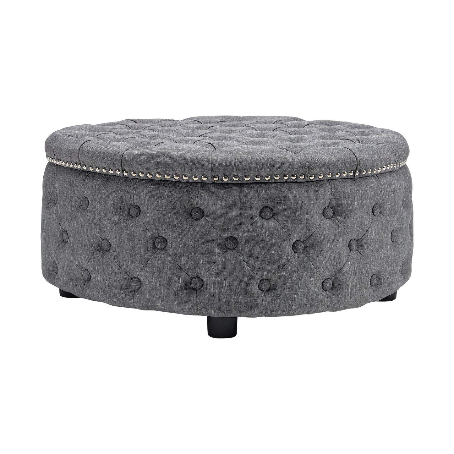 Round Linen Deep Buttoned Ottoman with Studded Edge Footstool