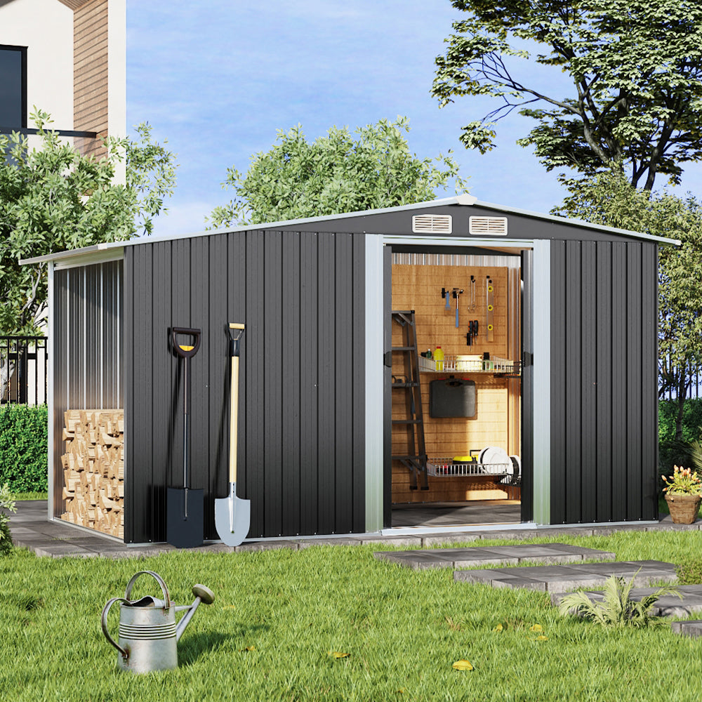 Garden Metal Storage Shed with Log Storage