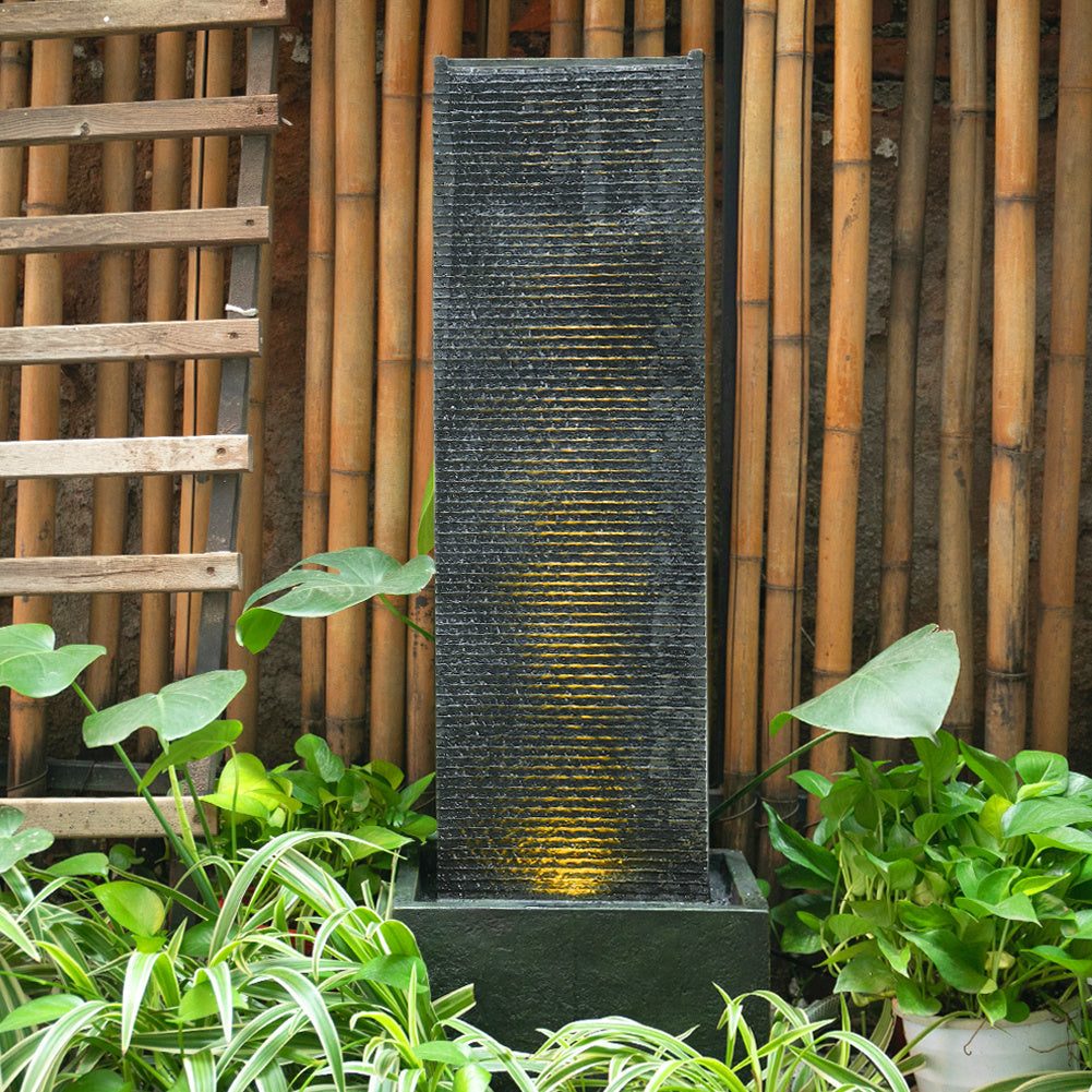 H98cm Rectangle Waterfall Stone Look Water Fountain LED Light Black Fountains & Waterfalls