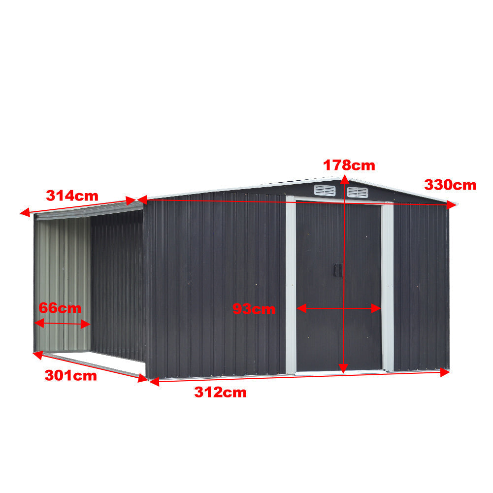 Garden Steel Shed Gable Roof Top with Firewood Storage Garden storage Garden Sanctuary W 330 x T 314 x H 178 cm