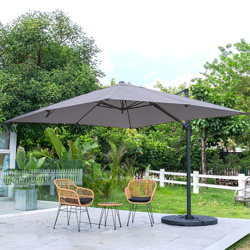Dark Grey 3 x 3 m Square Cantilever Parasol Outdoor Hanging Umbrella for Garden and Patio Parasols Parasol + Cross Base + Round Water Tank