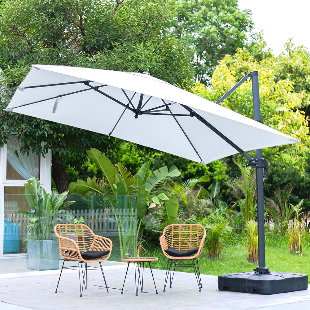 Light Grey 3 x 3 m Square Cantilever Parasol Outdoor Hanging Umbrella for Garden and Patio Parasols Parasol + Cross Base + Square Water Tank