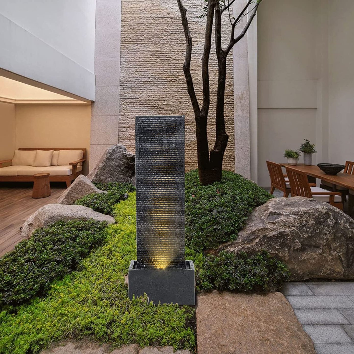 H98cm Rectangle Waterfall Stone Look Water Fountain LED Light Black Fountains & Waterfalls