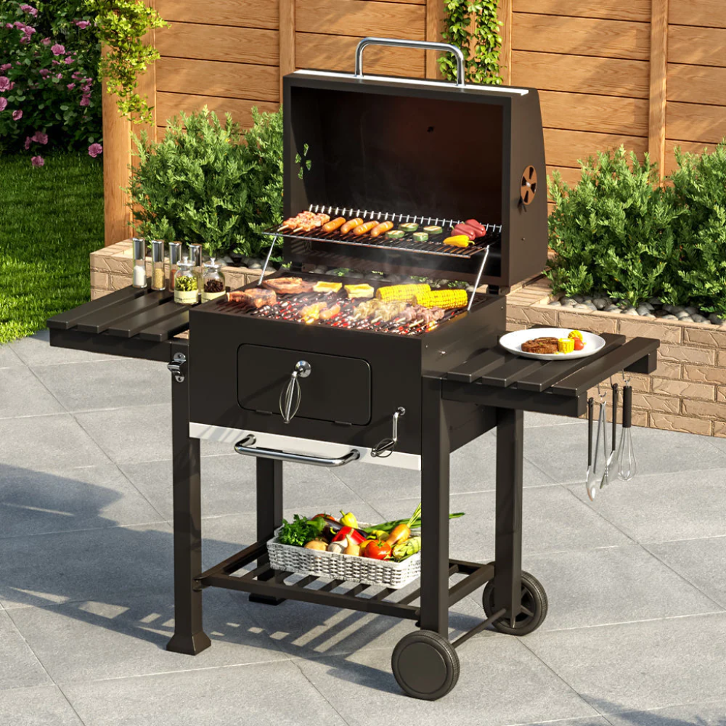 138CM Wide Charcoal BBQ Grill with Side Shelves Garden Sanctuary