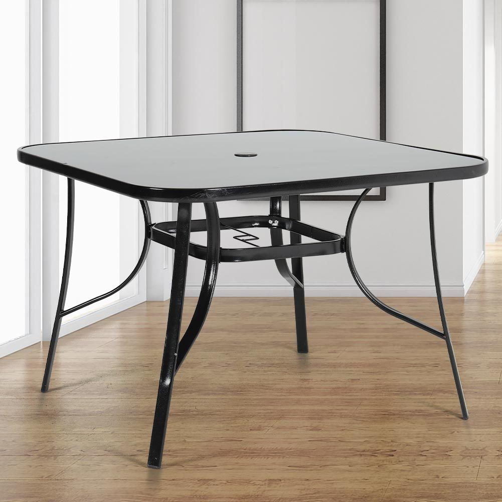 Rectangular Outdoor Dining Table with Tempered Glass Top and Parasol Hole