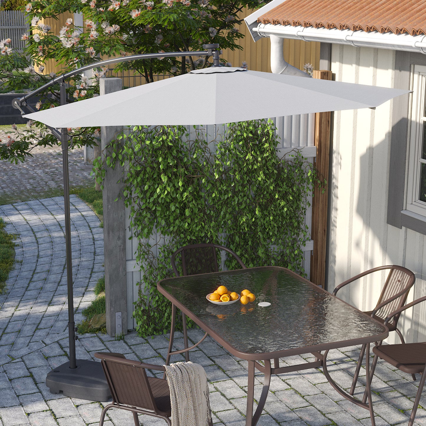 Light Grey Outdoor Cantilever Parasol Umbrella with LED Lights