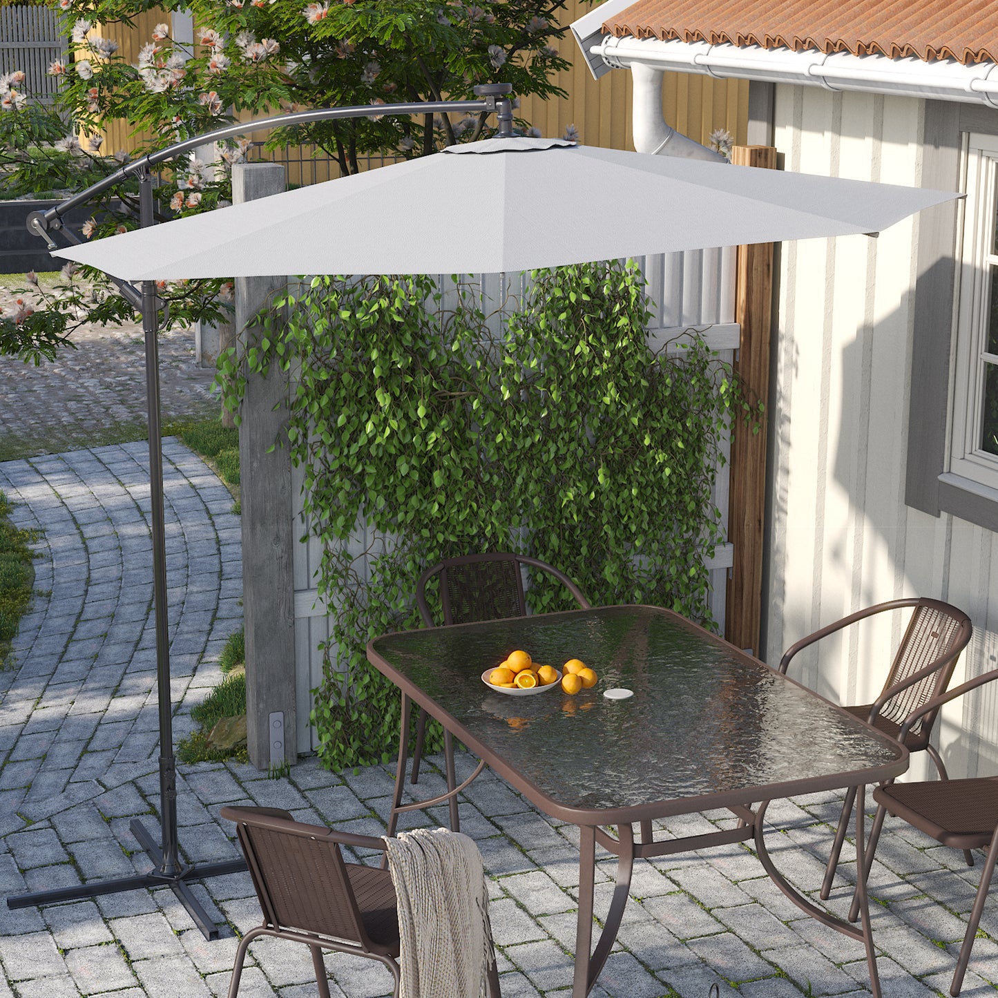 Light Grey Outdoor Cantilever Parasol Umbrella with LED Lights