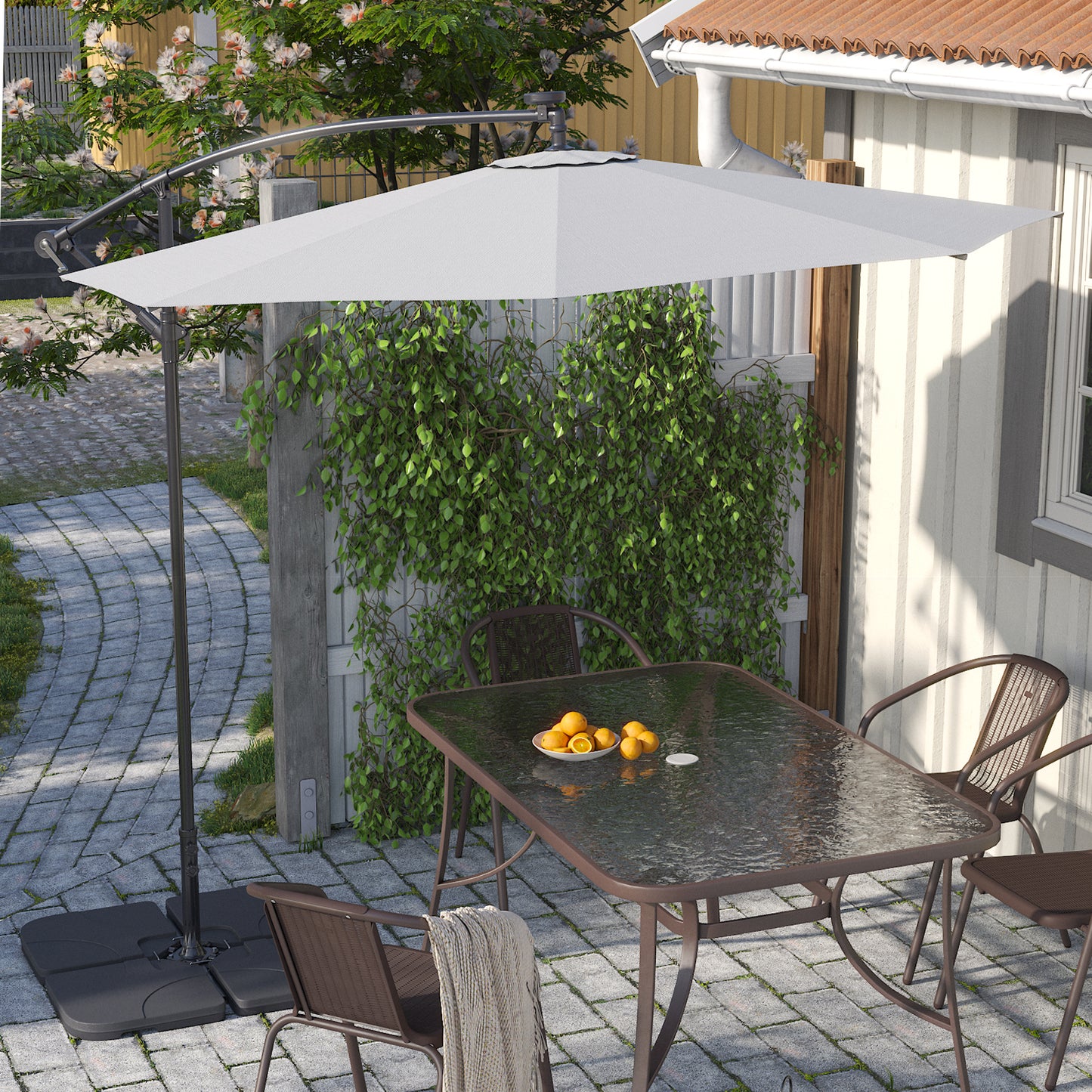 Light Grey Outdoor Cantilever Parasol Umbrella with LED Lights