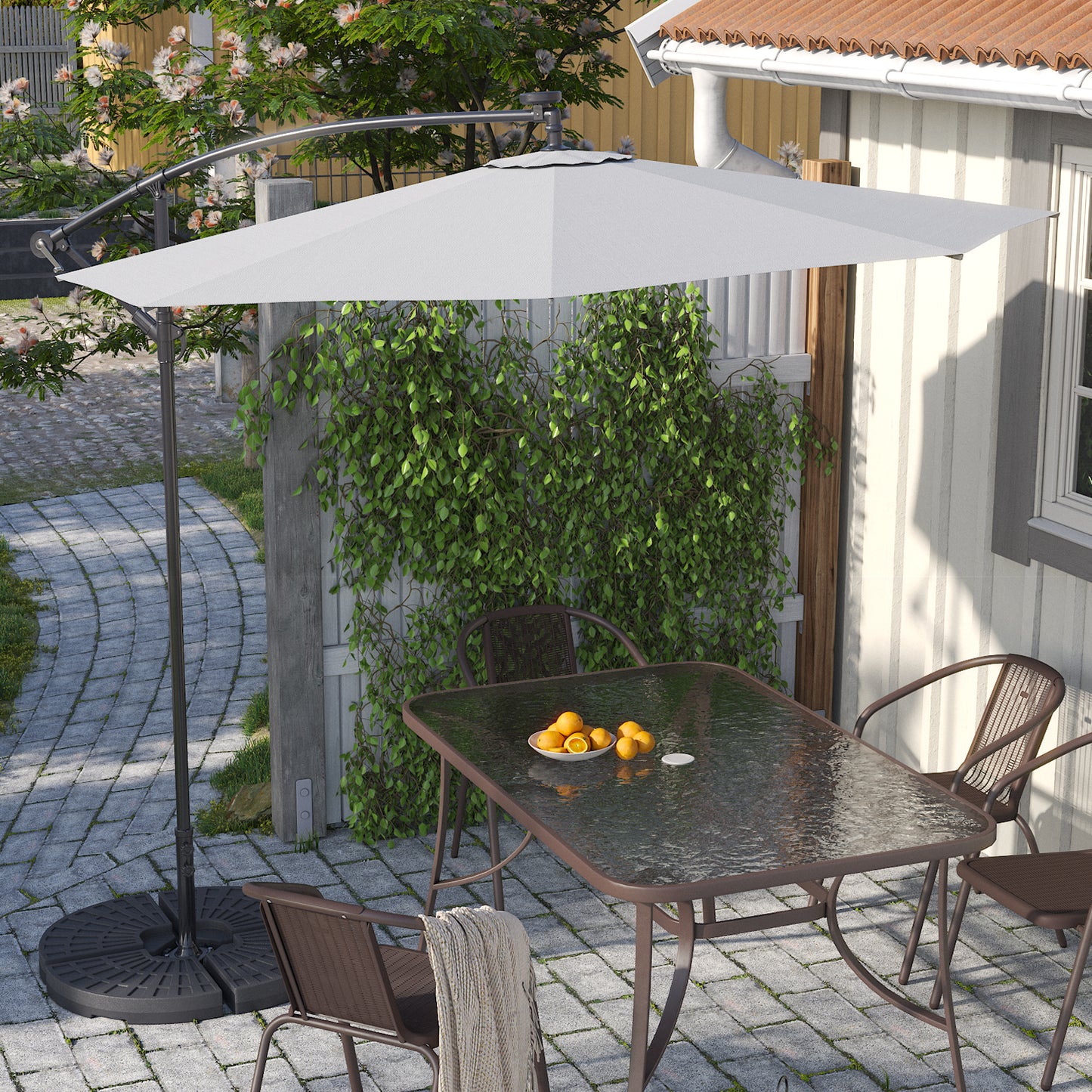 Light Grey Outdoor Cantilever Parasol Umbrella with LED Lights