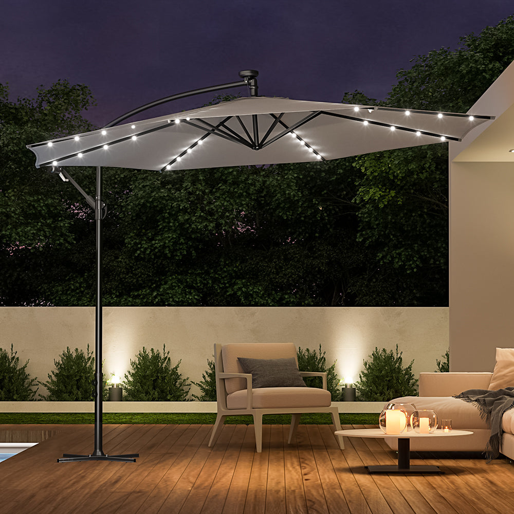 Light Grey Outdoor Cantilever Parasol Umbrella with LED Lights
