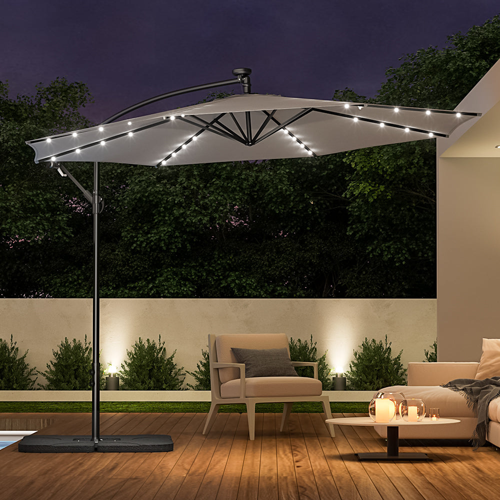 Light Grey Outdoor Cantilever Parasol Umbrella with LED Lights