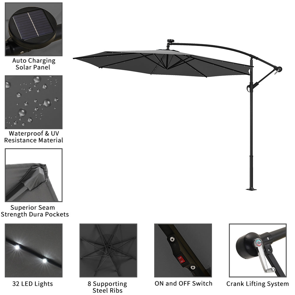 Grey Outdoor Cantilever Parasol Umbrella with LED Lights