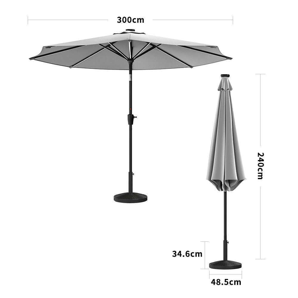 Light Grey 3M Lighted Market Sunbrella Umbrella with Solar Strip LED Lights Parasols & Rain Umbrellas Parasol + Rattan Effect 14KG Resin tank base