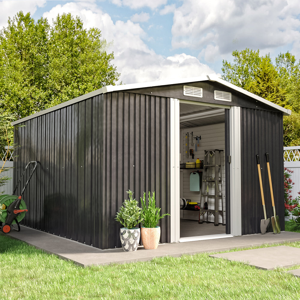 Garden Steel Shed with Gabled Roof Top Garden storage Garden Sanctuary 10' x 8' ft Black