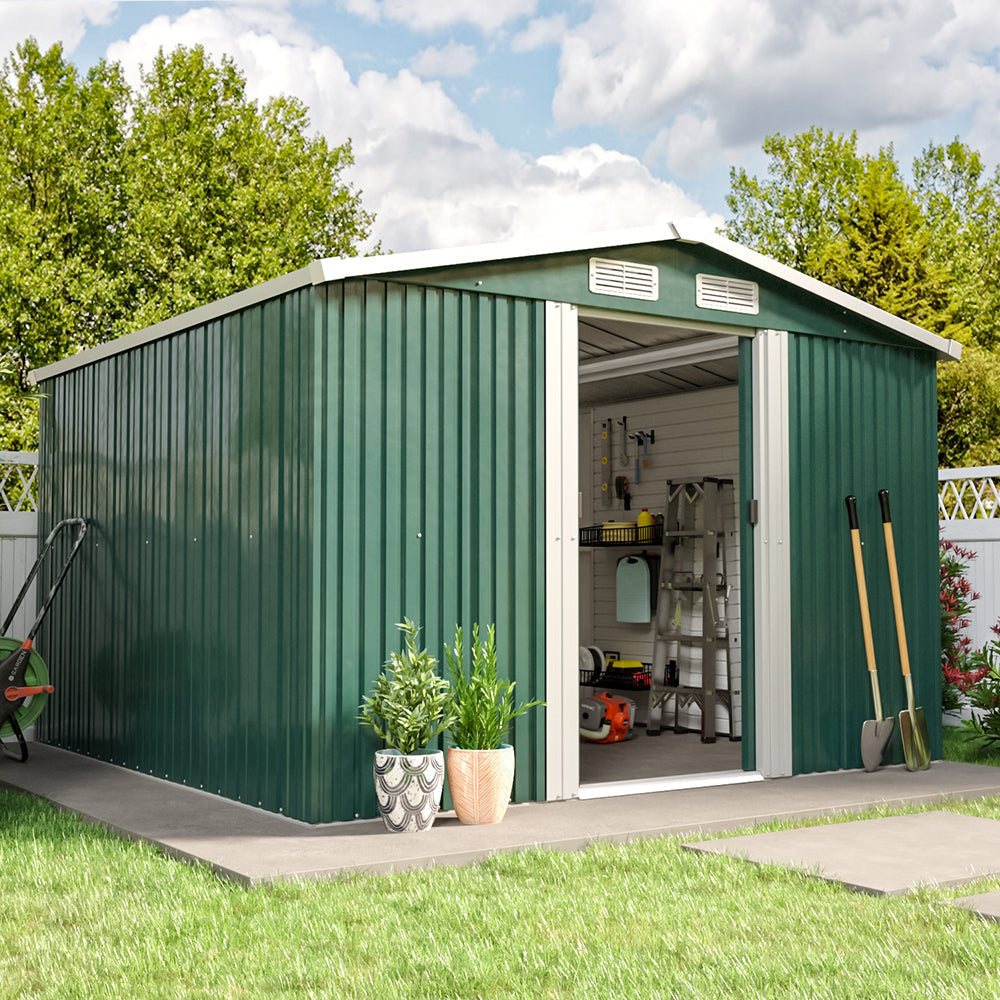 Garden Steel Shed with Gabled Roof Top Garden storage Garden Sanctuary 8' x 8' ft Green