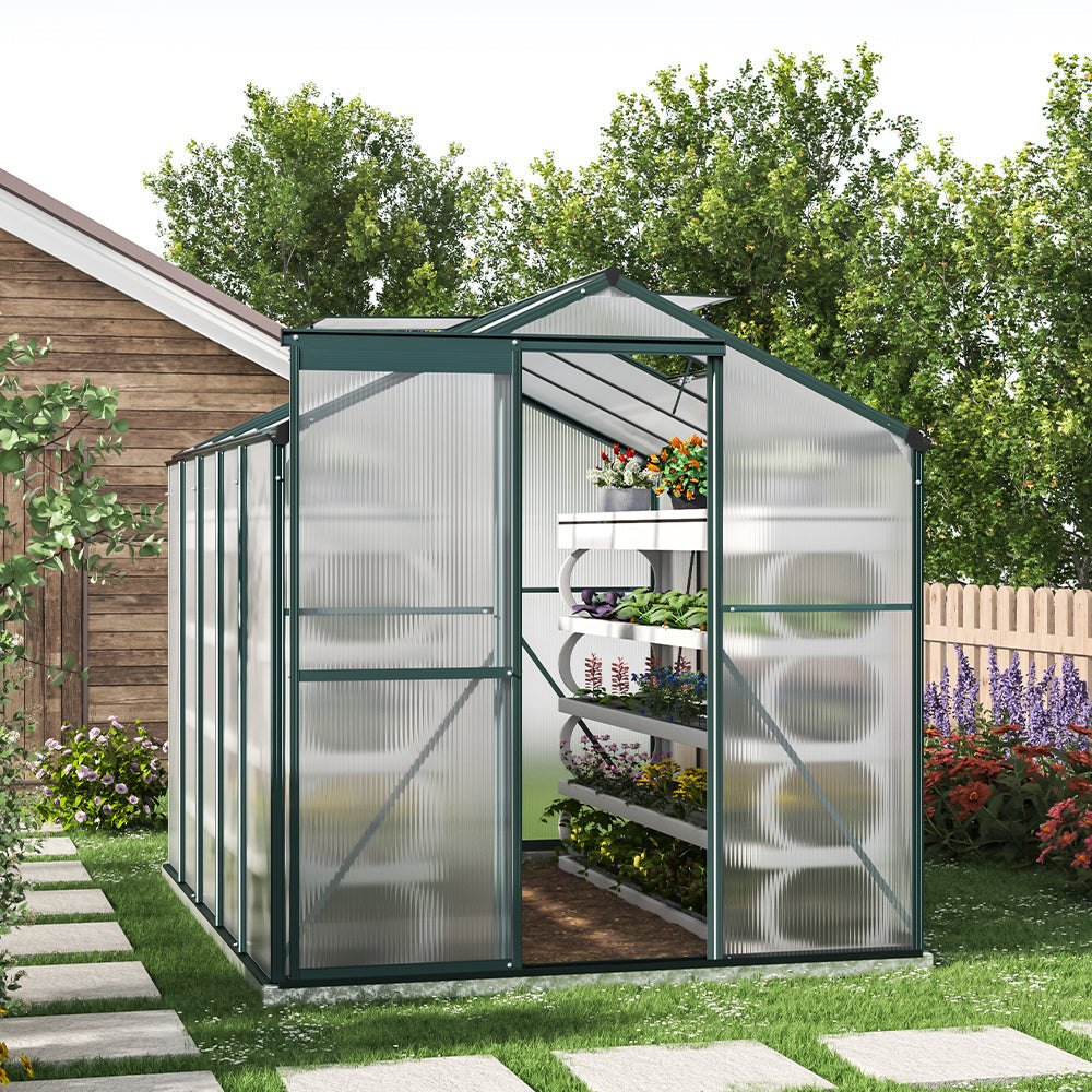 8' x 6' ft Garden Hobby Greenhouse Green Framed with Vent Garden Storages & Greenhouses Garden Sanctuary With Base W 190 x L 252 x H 195 cm