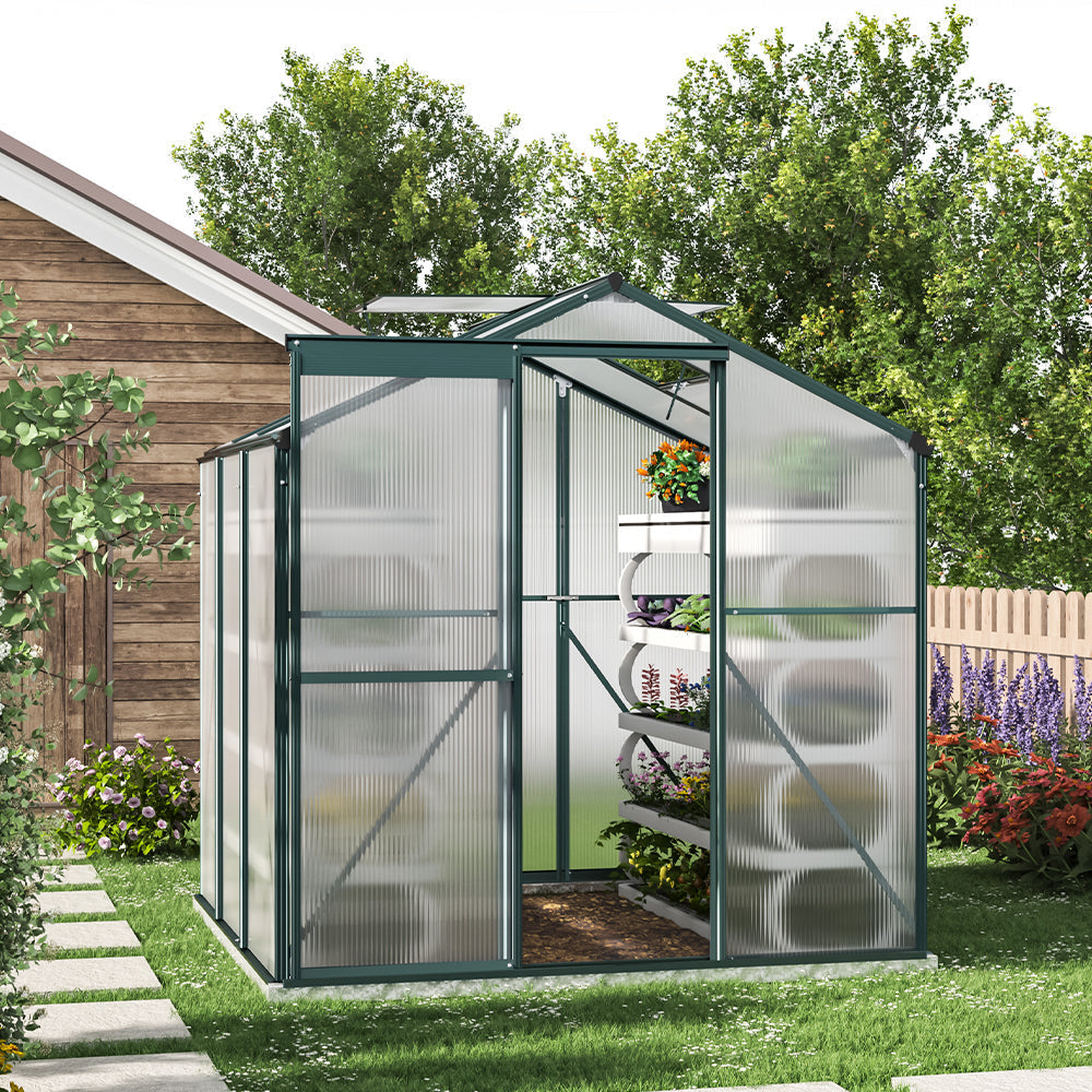 6' x 6' ft Garden Hobby Greenhouse Green Framed with Vent Garden Storages & Greenhouses Garden Sanctuary With Base W 190 x L 190 x H 195 cm