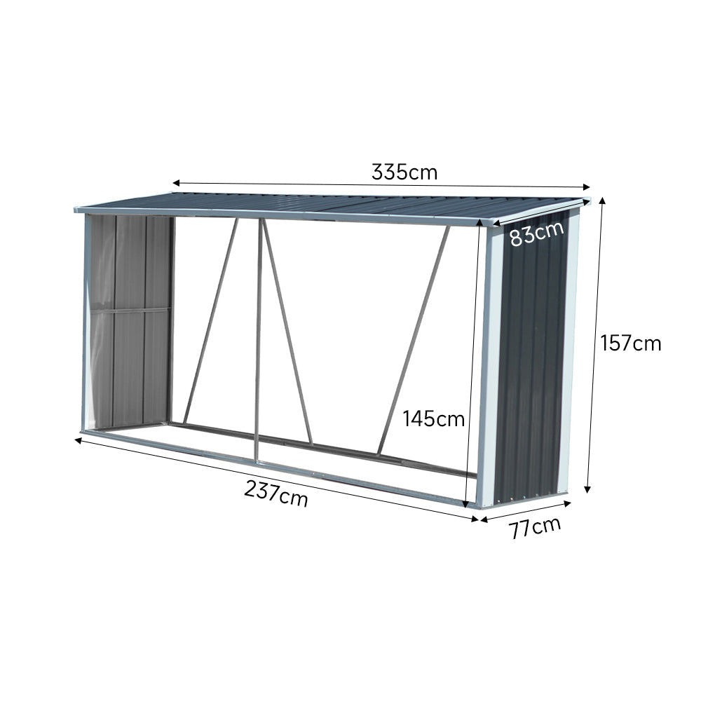335CM Wide Zinc Steel Garden Storage Shed for Firewood Log and Tools