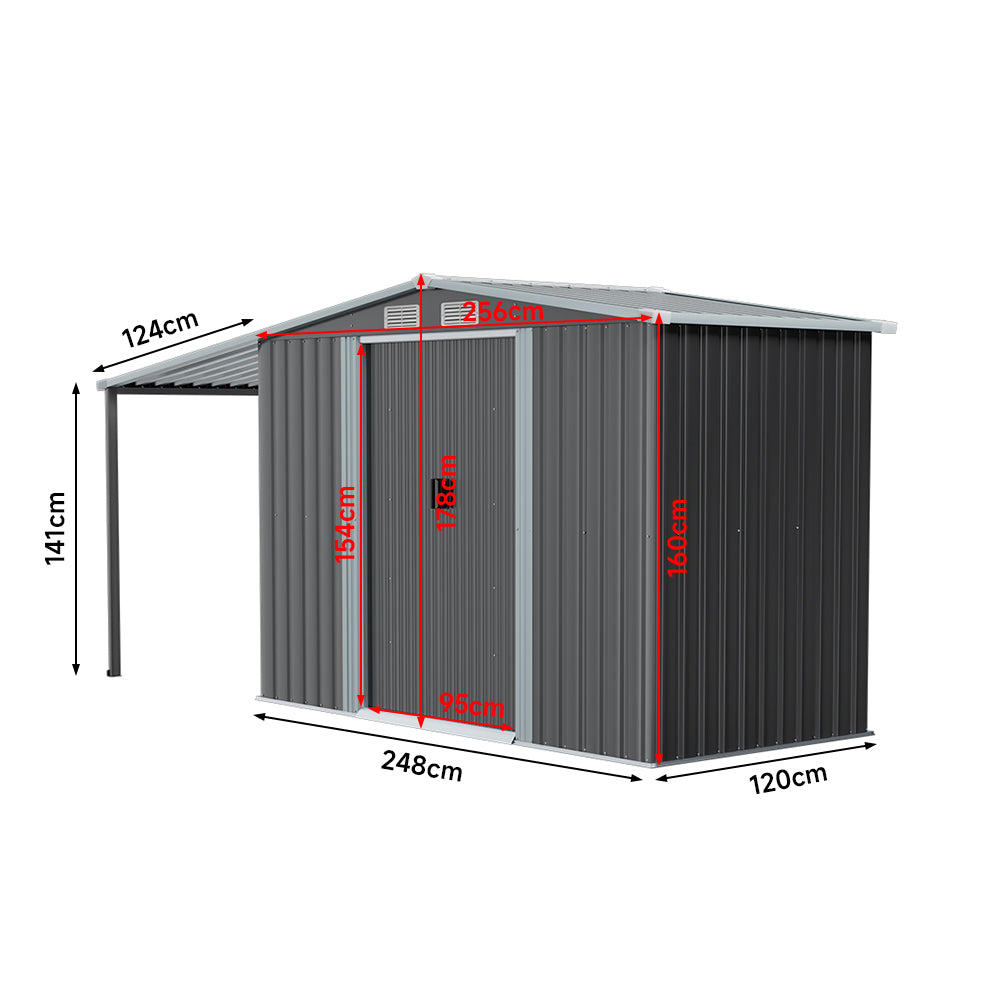 Wide Metal Garden Storage Shed with Gabled Roof and Lean-To