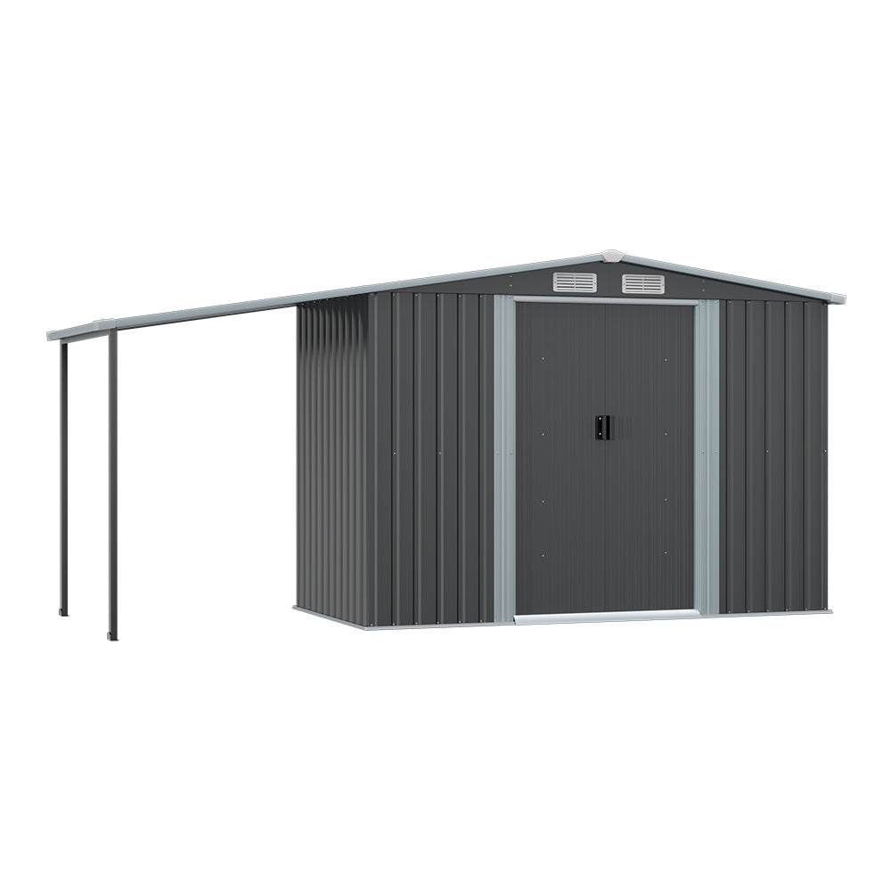 Wide Metal Garden Storage Shed with Gabled Roof and Lean-To
