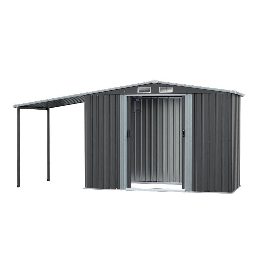 Wide Metal Garden Storage Shed with Gabled Roof and Lean-To