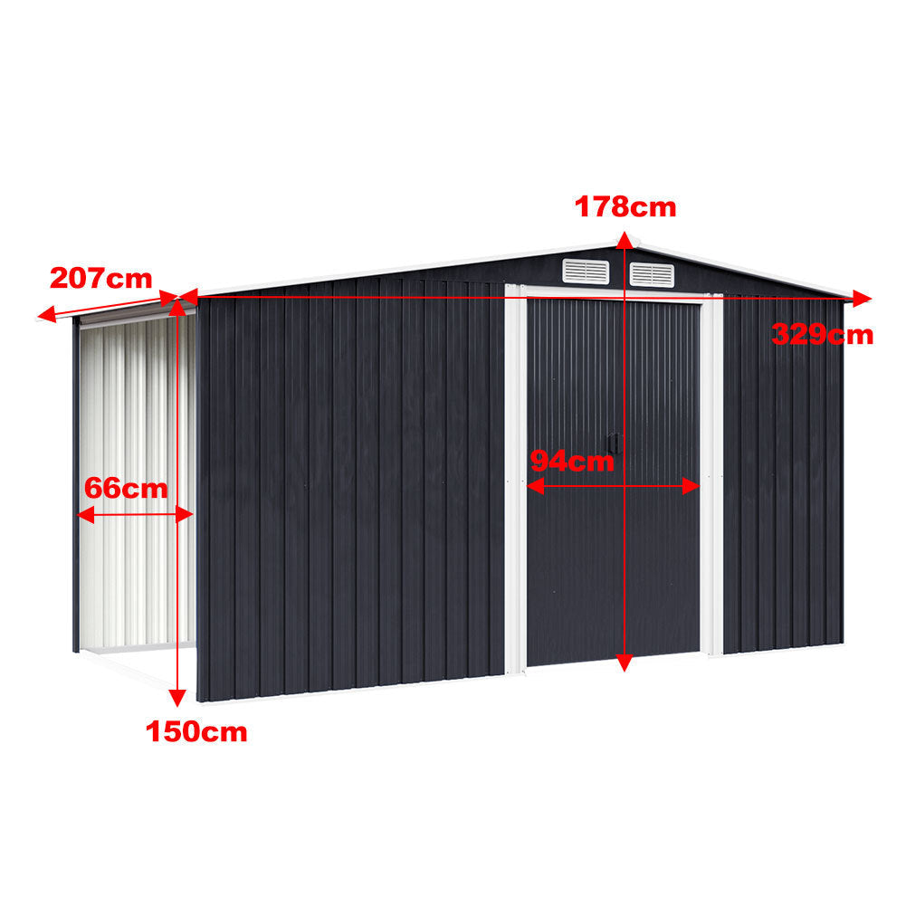 Garden Steel Shed Gable Roof Top with Firewood Storage Garden storage Garden Sanctuary W 329 x T 207 x H 178 cm