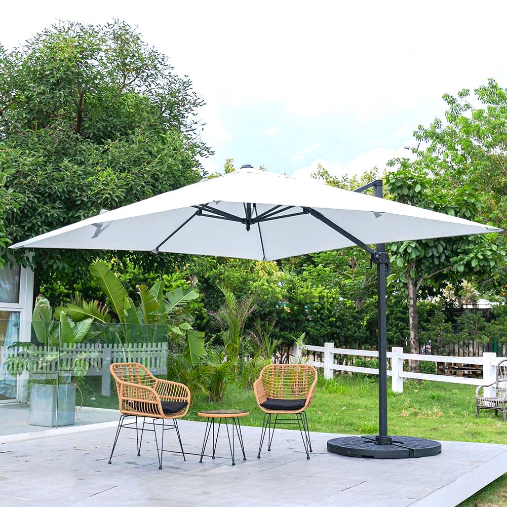 Light Grey 3 x 3 m Square Cantilever Parasol Outdoor Hanging Umbrella for Garden and Patio Parasols Parasol + Cross Base + Round Water Tank
