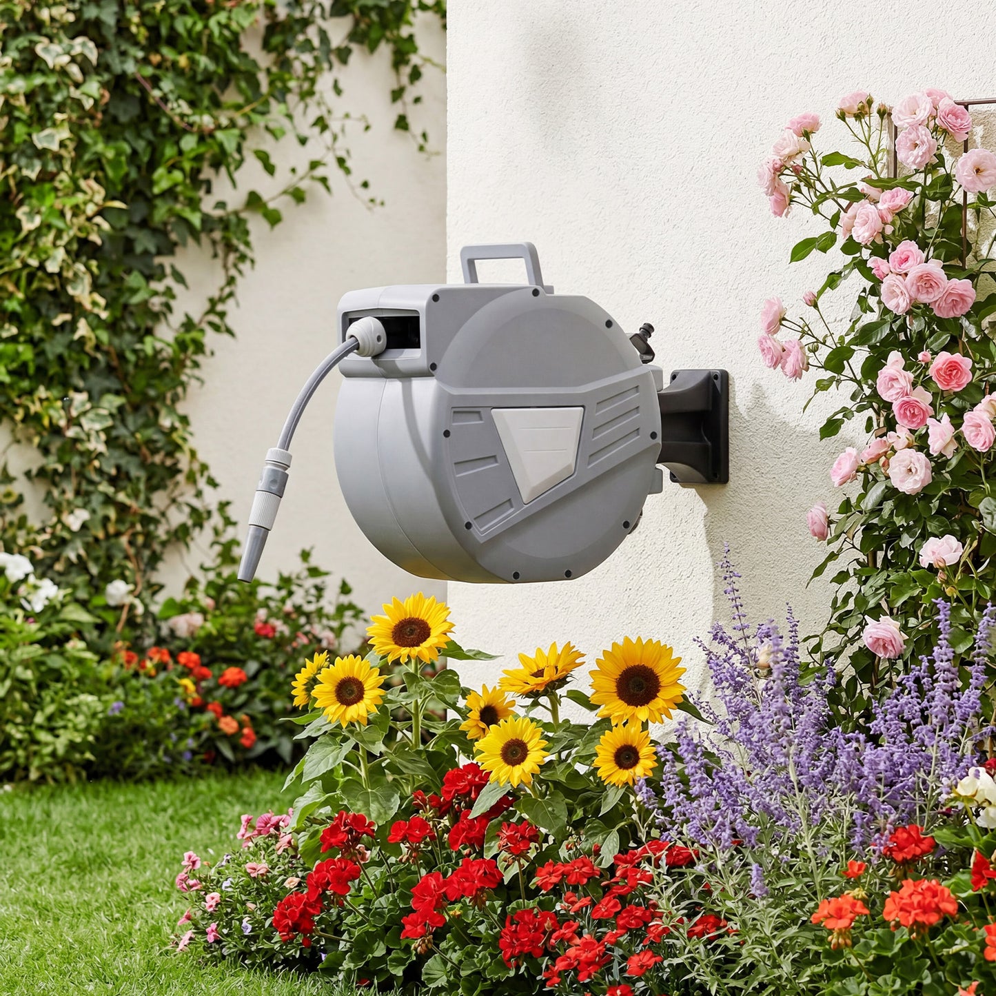 Wall Mounted Retractable Garden Hose Reel with Spray Nozzle
