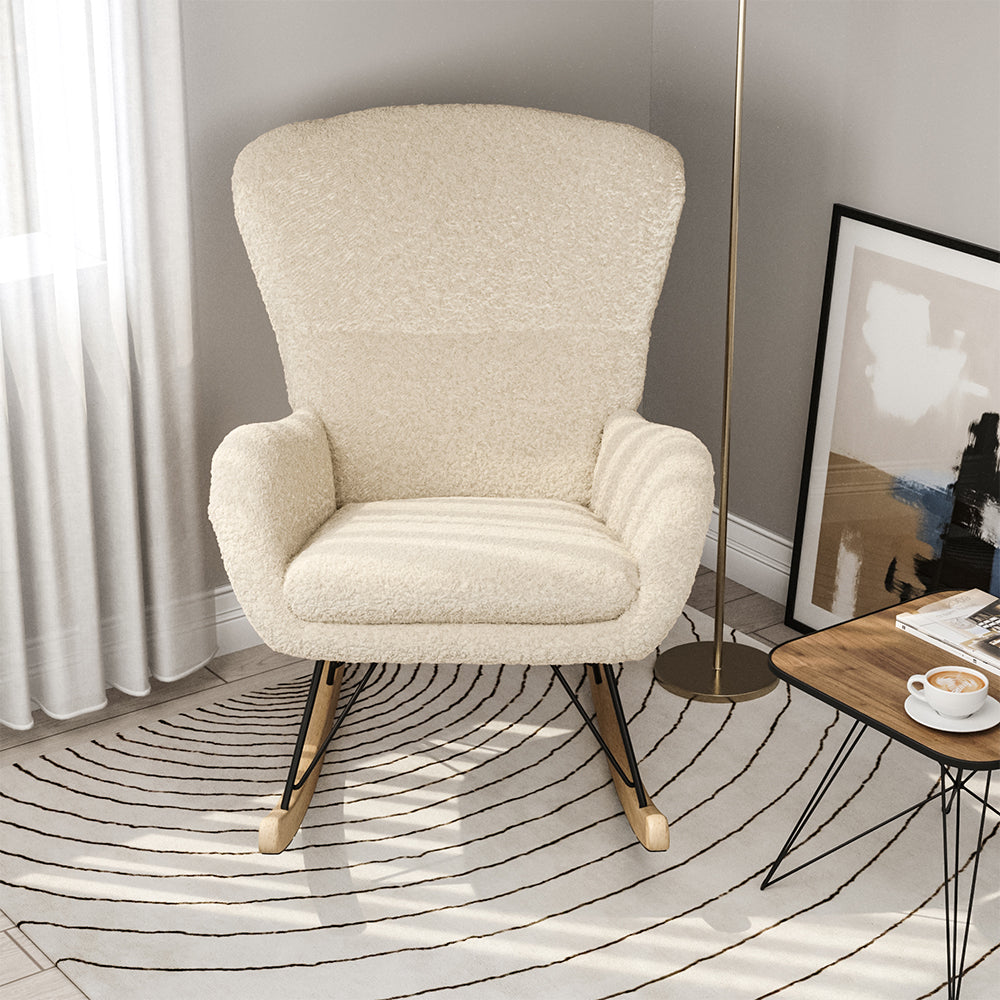 Contemporary Faux Wool Rocking Beige Chair with Removable Cushion