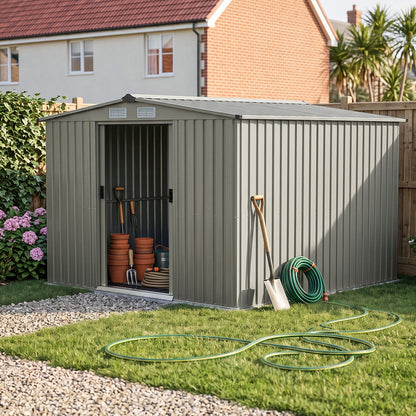 8x8FT Apex Roof Metal Garden Storage Shed with Sliding Door