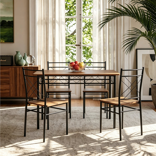 Oak & Black Dining Table Set with 4 Chairs