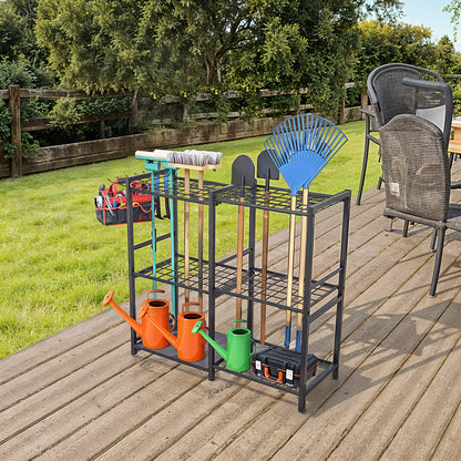 Metal Garden Tool Storage Rack with Two Tier Shelves