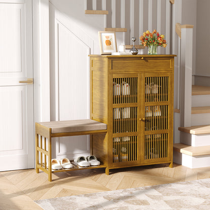 Bamboo Shoe Storage Cabinet with Cushioned Bench Seat