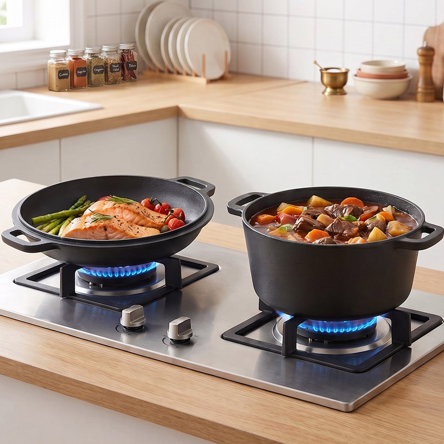 2-in-1 5L Cast Iron Dutch Oven with Reversible Lid