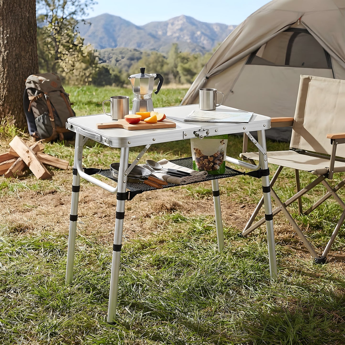 Adjustable Height Folding Camping Table with Carrying Handle