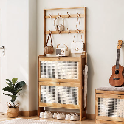 Bamboo Entryway Shoe Cabinet with Double-Row Hooks & Flip-down Shoe Trays