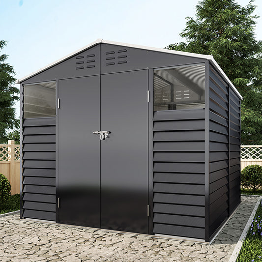 Charcoal Steel Tool Shed with Front Windows and Ventilation