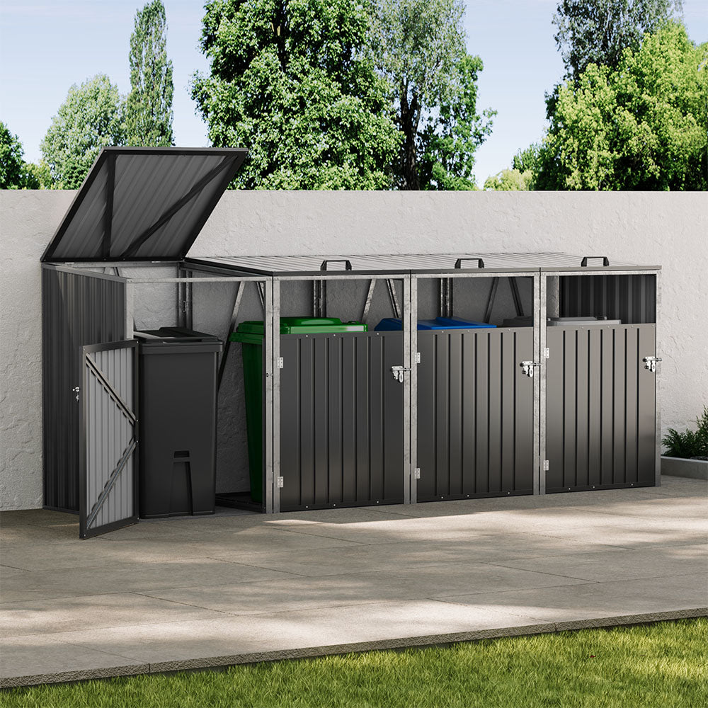 Black Metal Outdoor Garbage Bin Shed For 4 Trash Bin