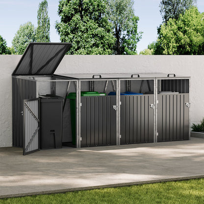 Black Metal Outdoor Garbage Bin Shed For 4 Trash Bin